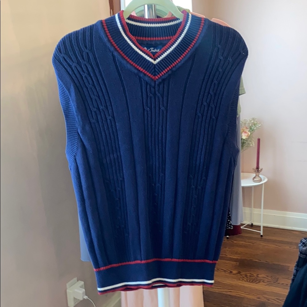 Brooks Brothers Blue V-Neck Sweater Vest with Red and White Trim
